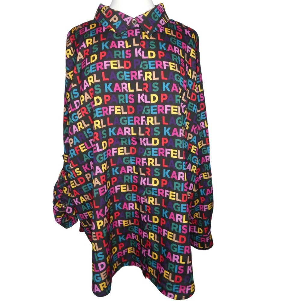 Karl Lagerfeld Logo Women's Printed Utility Button Front Top Oversize XX - Picture 1 of 5